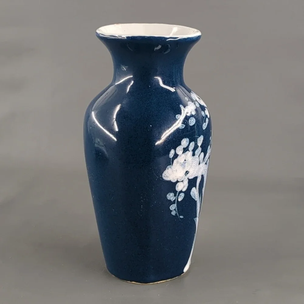 Blue Ceramic Floral Bud Vase White Cherry Blossom 8 Inch Pottery Decor